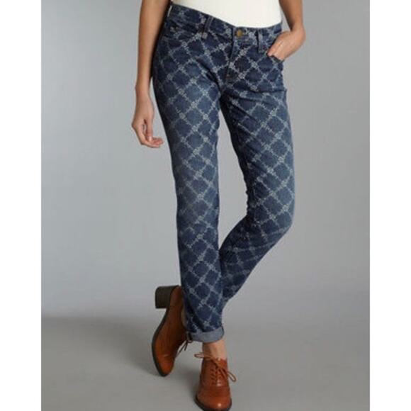 Current/Elliott Blue The Rolled Jeans in Indigo Rose Lattice Print Size 28 - Picture 11 of 13